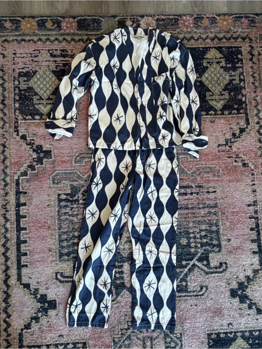 RARE Zara Navy and White Jacquard Geometric Print Suit Pants + Jacket